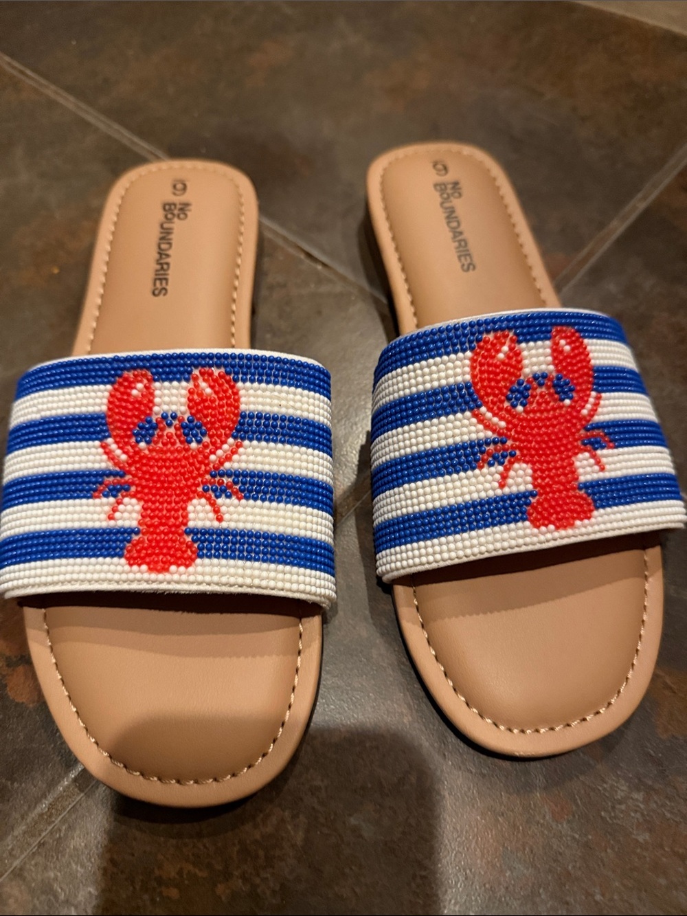 No Boundaries lobster Stripe beaded Slide Sandals - Blue & white 6